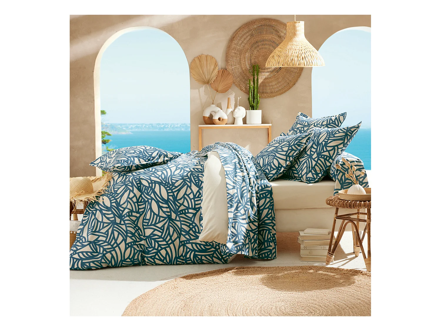 Parure 140x200 cm 65x65 cm coton SERENA Bleu beige 2 pièces
