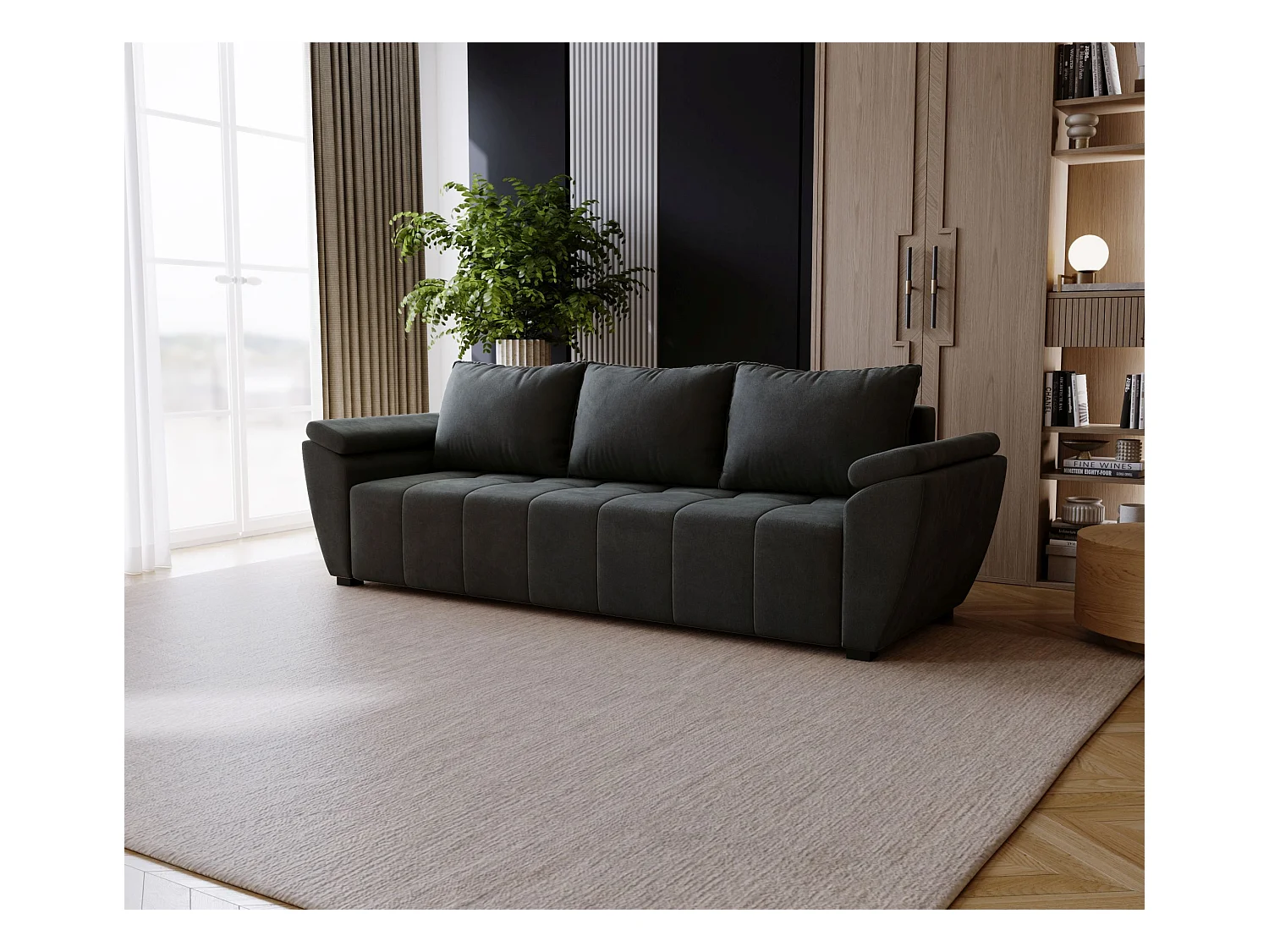 BEDANTE SOFA ZEUS z funkcją spania MONOLITH 92 Antracytowy z pojemnikiem na pościel, sofa do salonu, kanapa, sofa rozkładana, sofa z pojemnikiem, wersalka