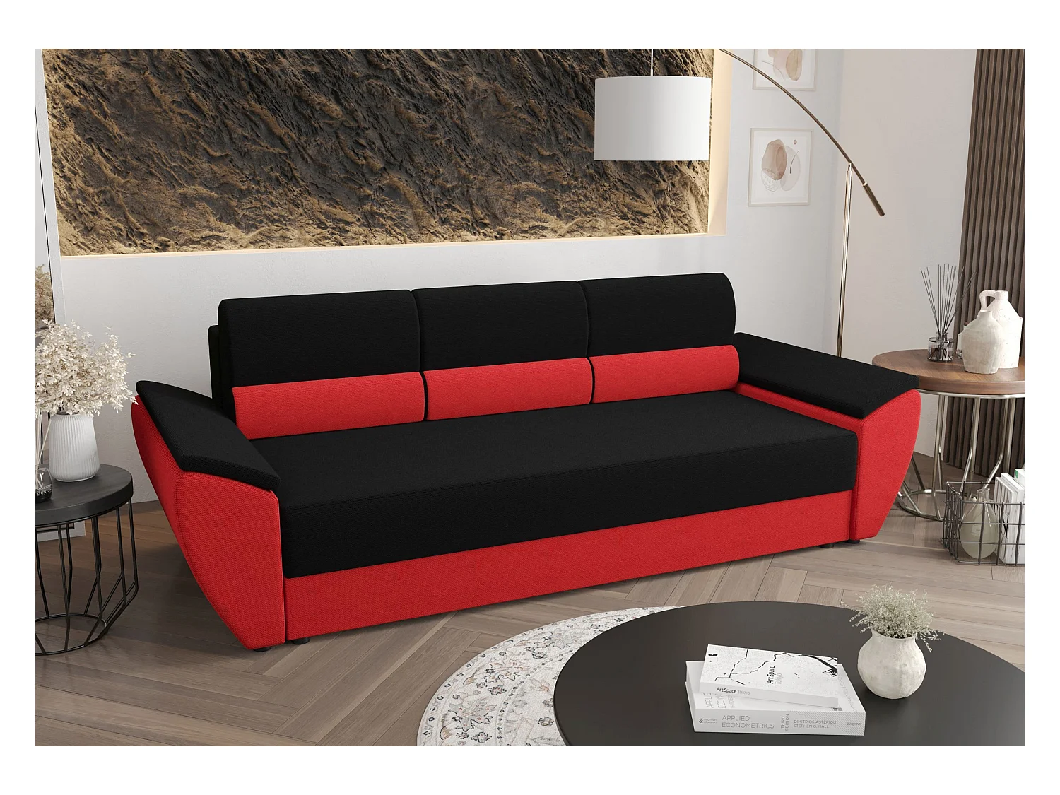 BEDANTE CANAPÉ REBI BIS avec fonction lit RAINBOW 15+22 Noir/Rouge avec espace de rangement, coffre de lit, canapé de salon, sofa, canapé-lit, canapé avec coffre