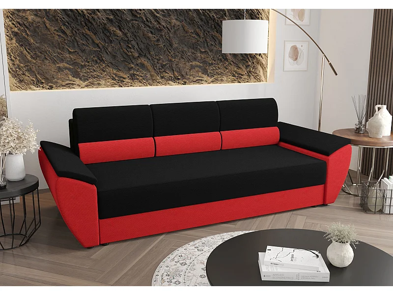 BEDANTE CANAPÉ REBI BIS avec fonction lit RAINBOW 15+22 Noir/Rouge avec espace de rangement, coffre de lit, canapé de salon, sofa, canapé-lit, canapé avec coffre