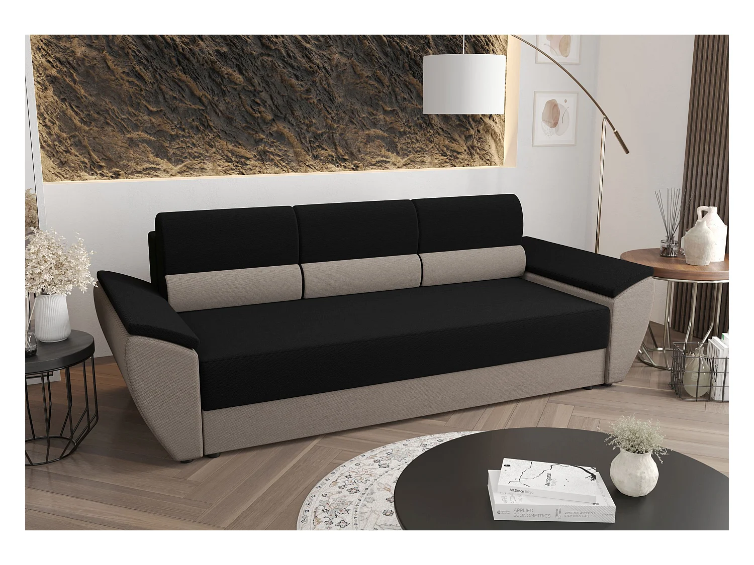 BEDANTE CANAPÉ REBI BIS avec fonction lit RAINBOW 15+83 Noir/Beige avec espace de rangement, coffre de lit, canapé de salon, sofa, canapé-lit, canapé avec coffre
