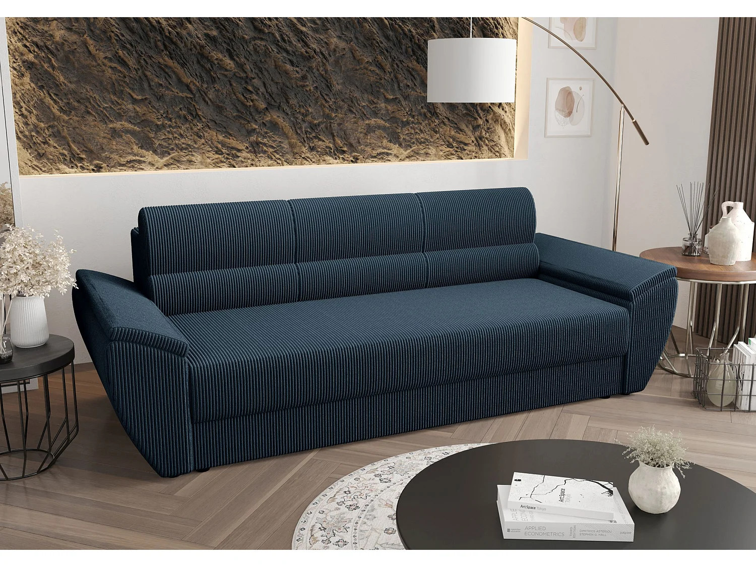 BEDANTE CANAPÉ REBI BIS avec fonction lit POSO 05 Bleu foncé avec espace de rangement, coffre de lit, canapé de salon, sofa, canapé-lit, canapé avec coffre