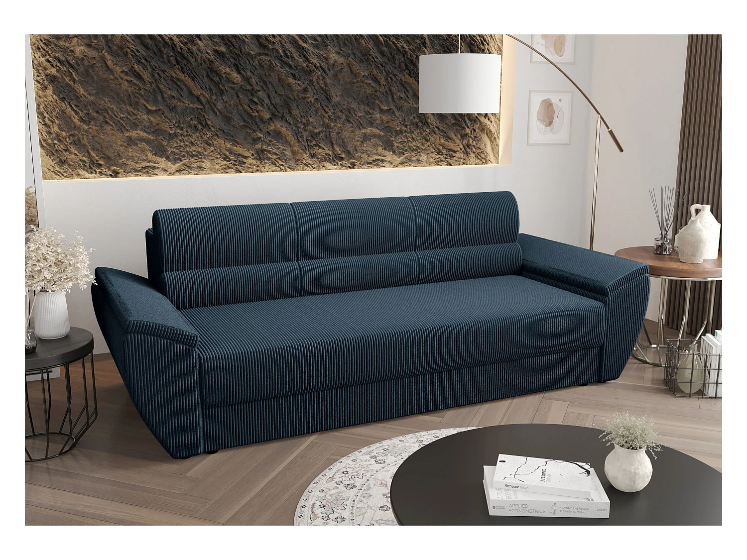 BEDANTE CANAPÉ REBI BIS avec fonction lit POSO 05 Bleu foncé avec espace de rangement, coffre de lit, canapé de salon, sofa, canapé-lit, canapé avec coffre