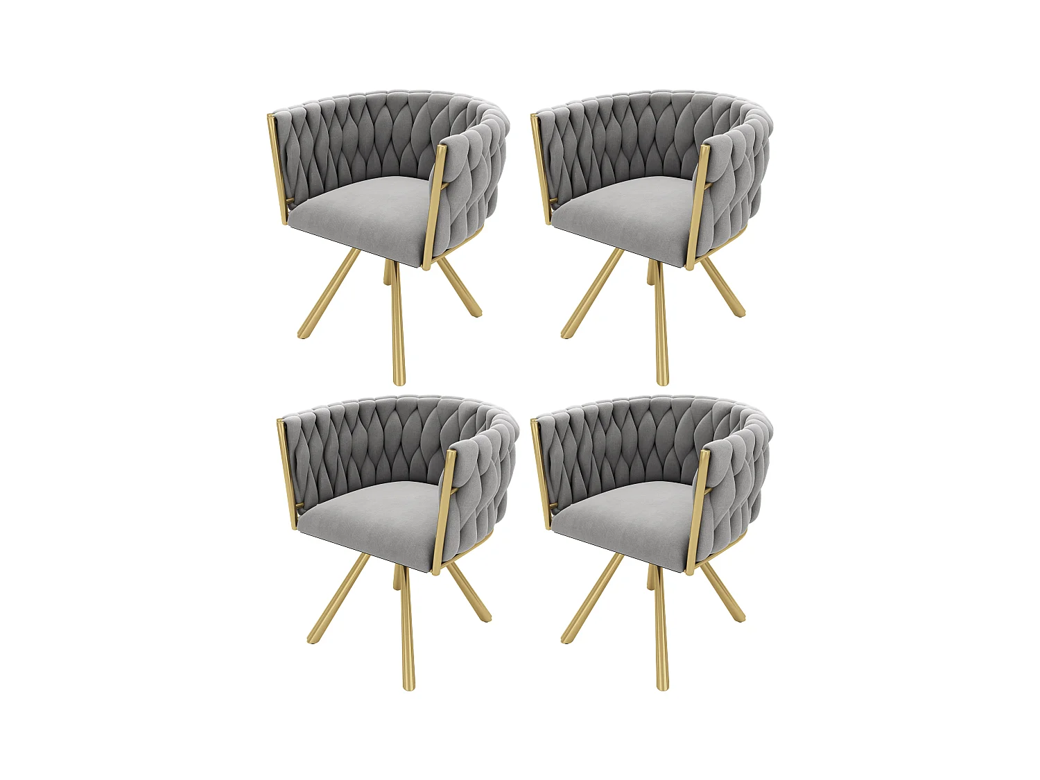 Lot de 4 chaises pivotantes avec accoudoirs en velours gris et métal doré