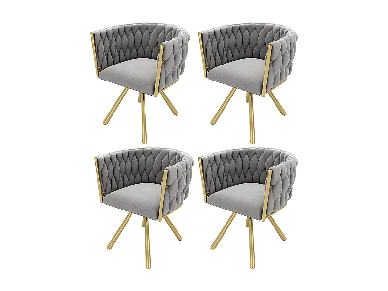 Lot de 4 chaises pivotantes avec accoudoirs en velours gris et métal doré