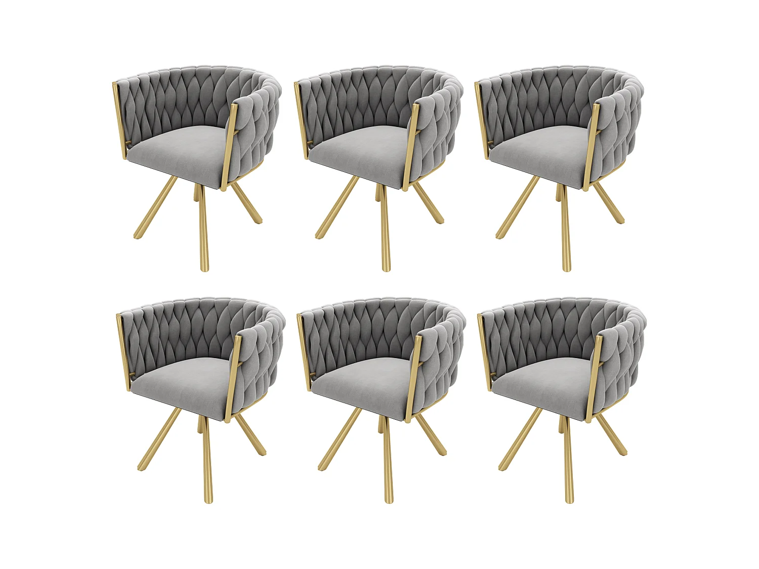 Lot de 6 chaises pivotantes avec accoudoirs en velours gris et métal doré
