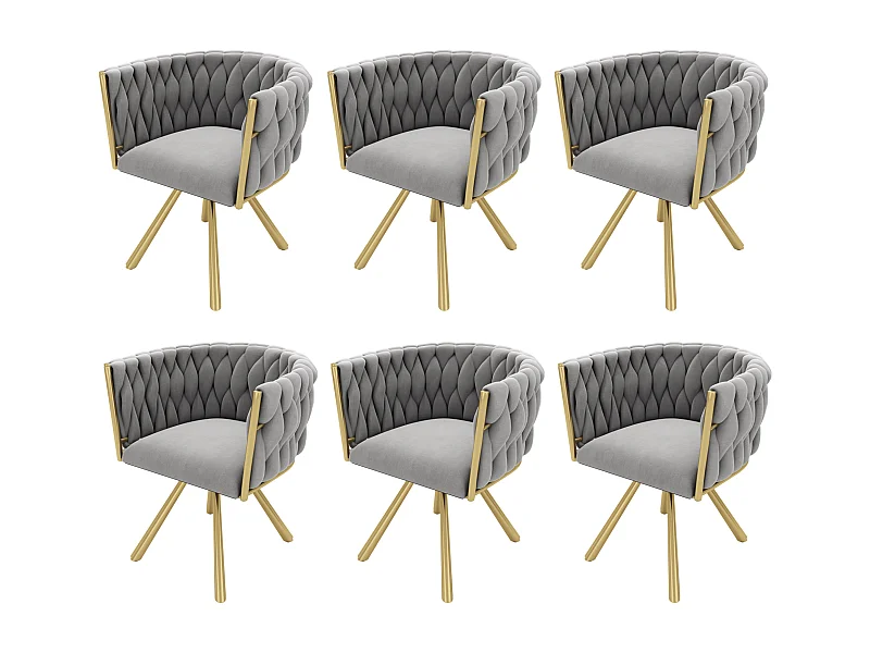 Lot de 6 chaises pivotantes avec accoudoirs en velours gris et métal doré