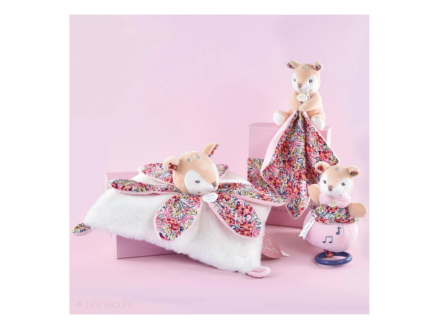 Doudou pétale 27 cm polyester BOH'AIME faon rose multicolore