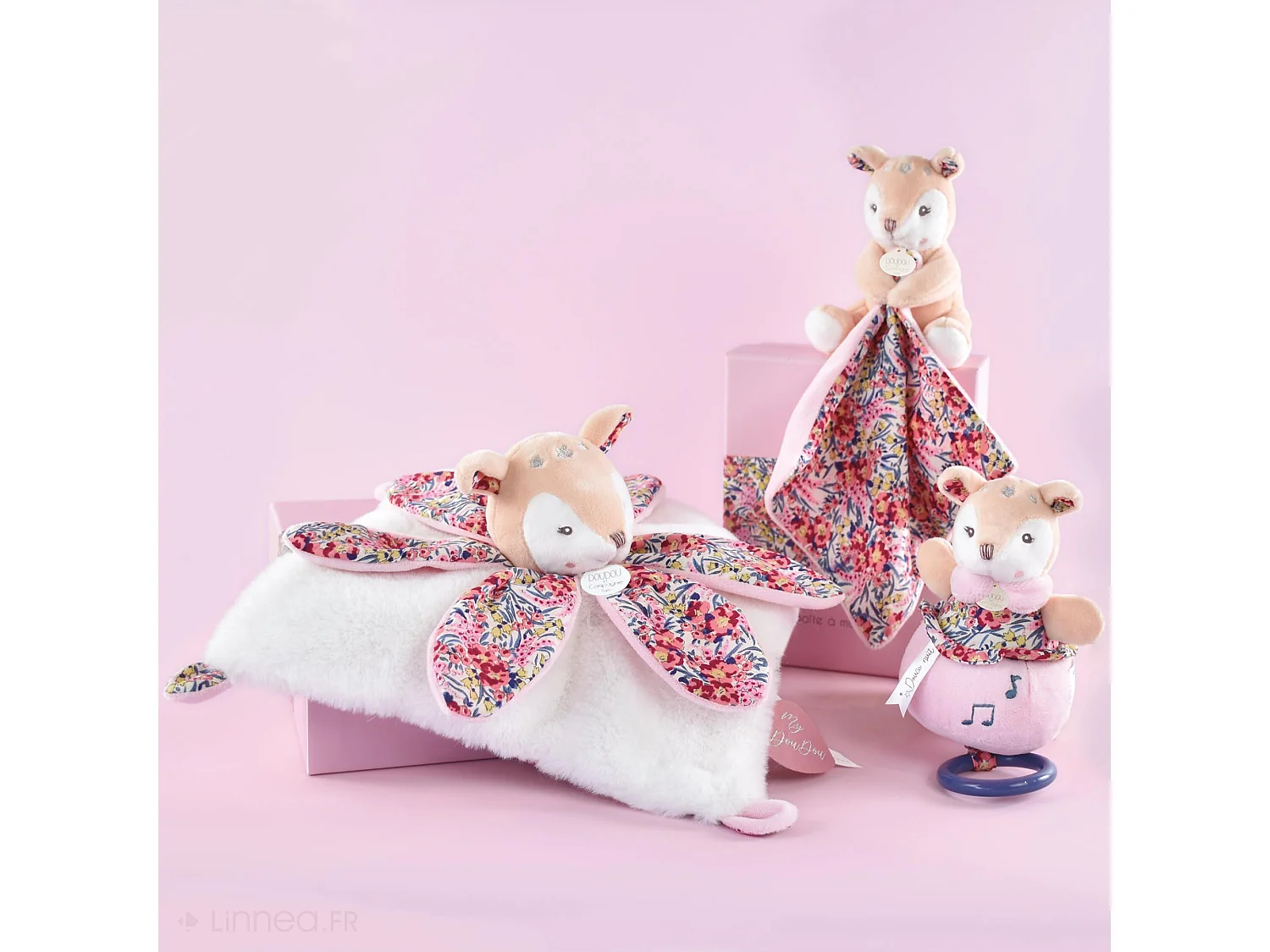 Doudou pétale 27 cm polyester BOH'AIME faon rose multicolore