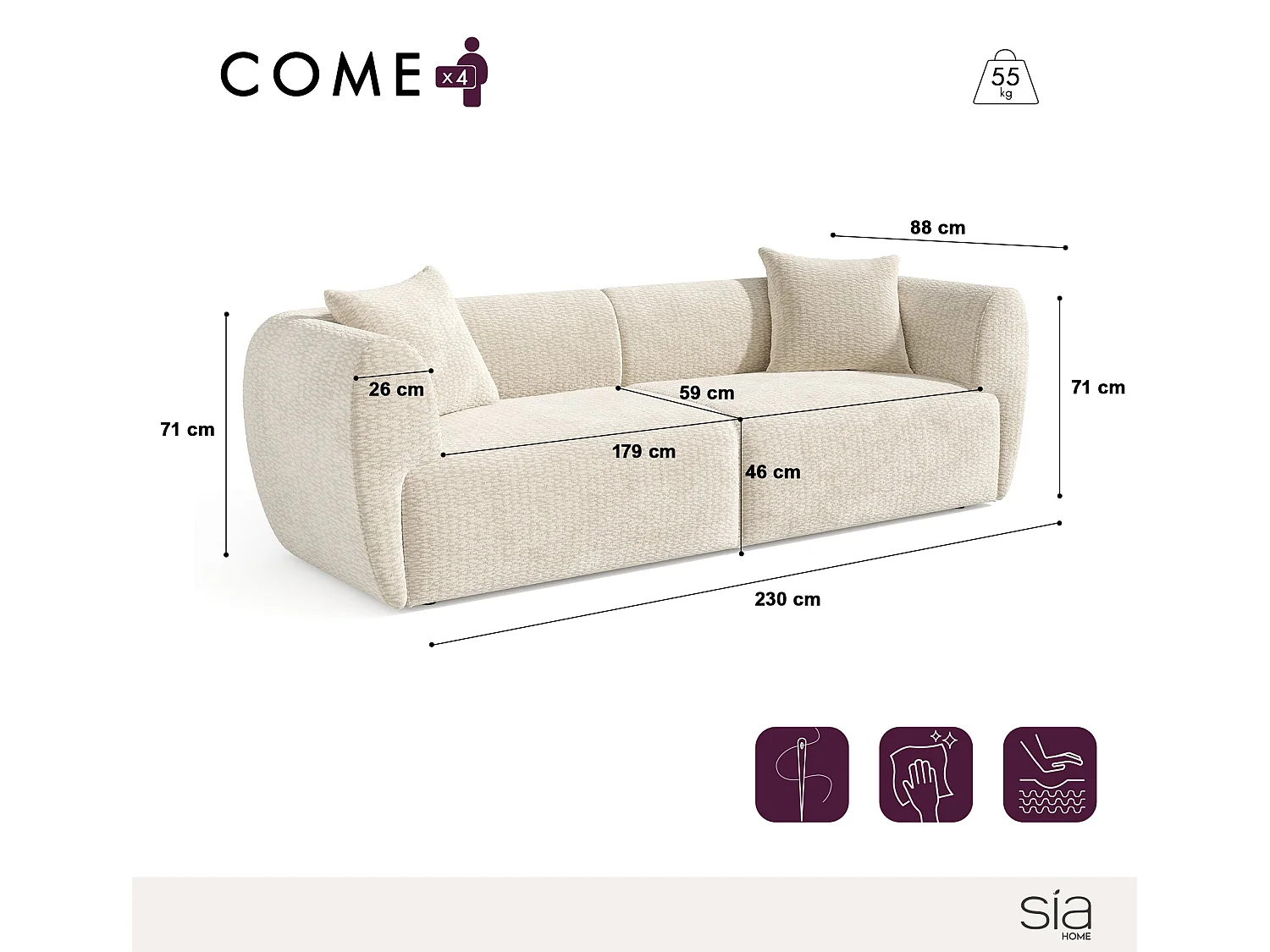 Canapé 4 places velours texturé taupe CÔME