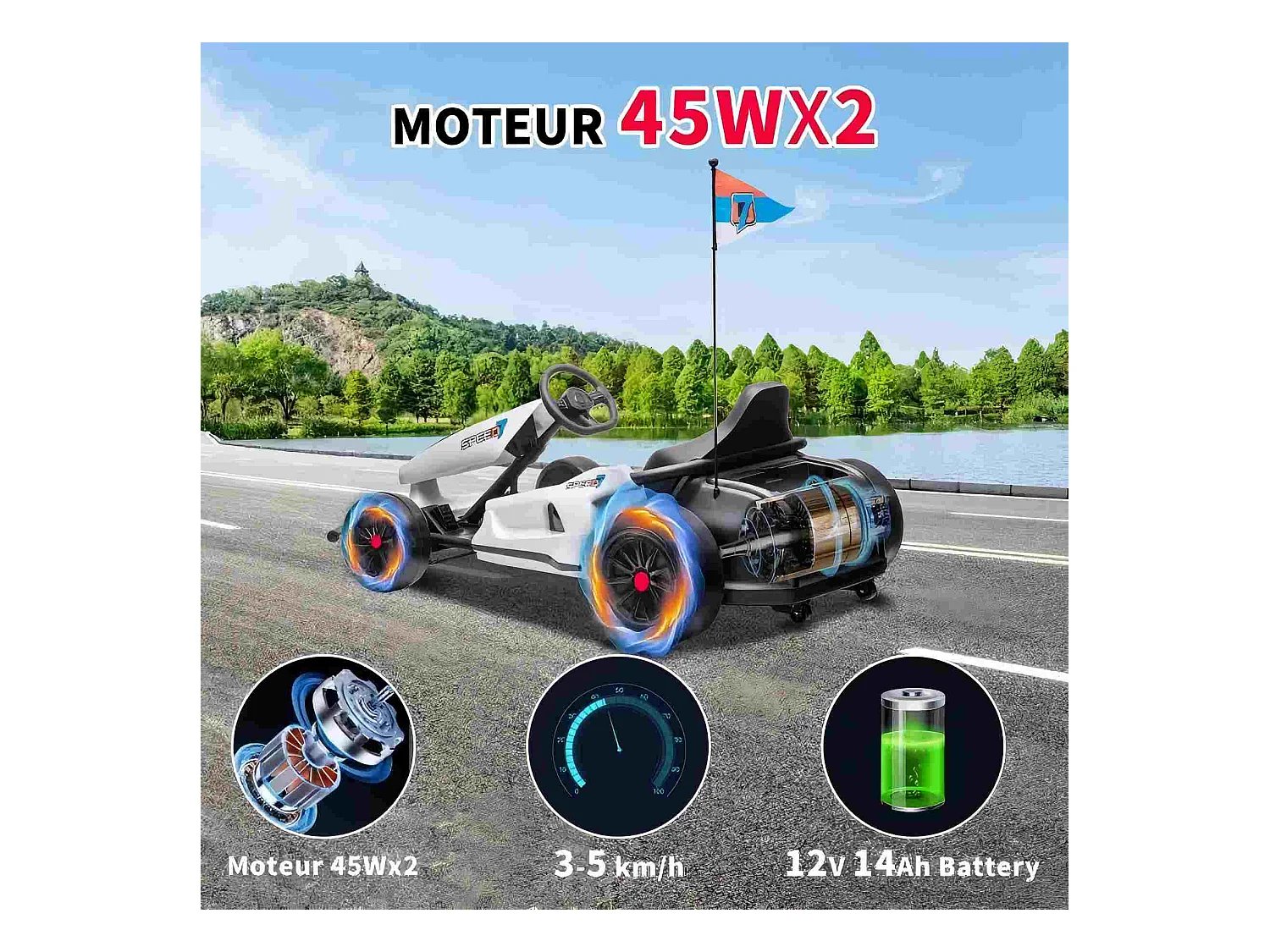 HOMEMiYN 24V 13 km/u elektrische driftkart met zachte start, muziek, claxon, veiligheidsgordel voor kinderen van 8-12 jaar (wit).