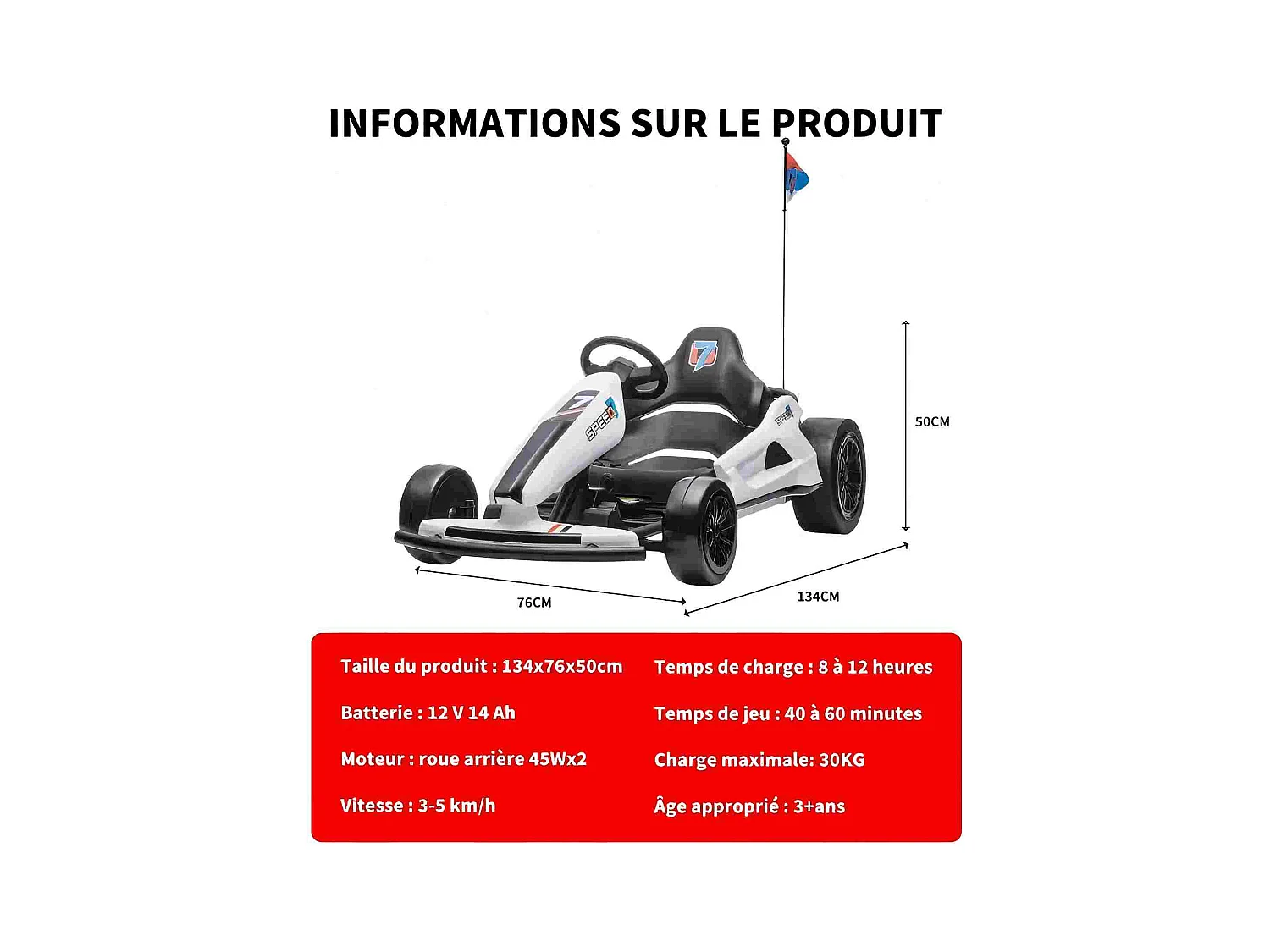 HOMEMiYN 24V 13 km/u elektrische driftkart met zachte start, muziek, claxon, veiligheidsgordel voor kinderen van 8-12 jaar (wit).
