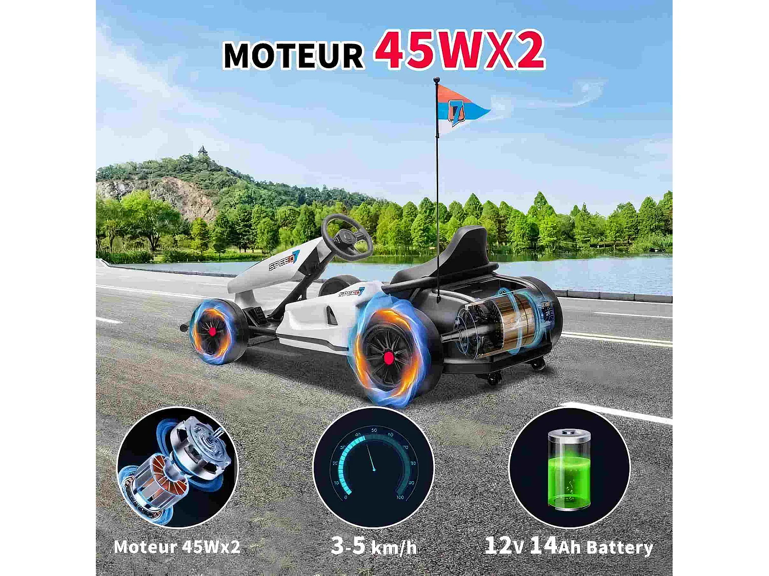 HOMEMiYN Kart eléctrico de deriva de 24 V y 13 km/h con arranque suave, música, bocina y cinturón de seguridad para niños de 8 a 12 años (blanco).