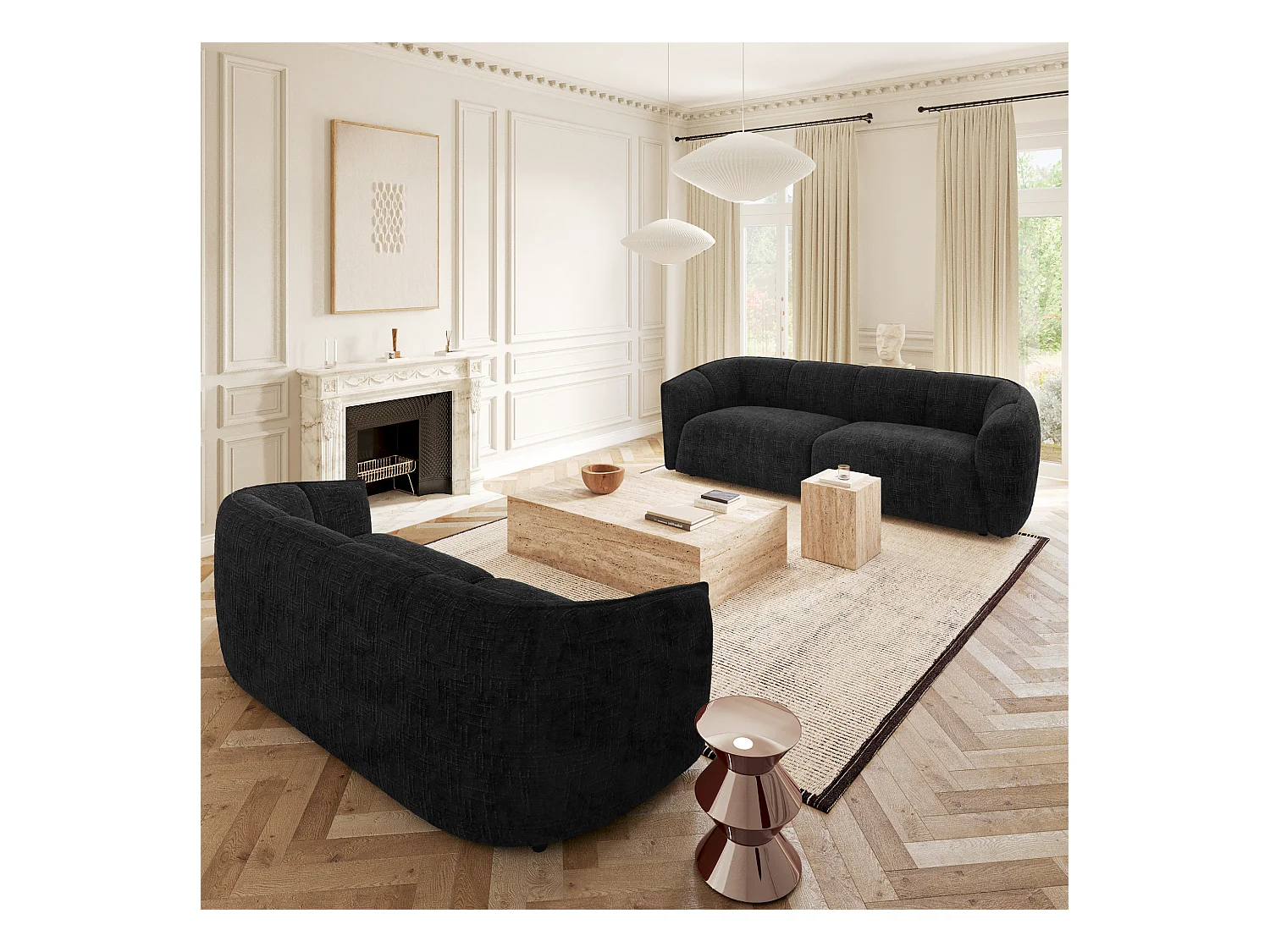 Canapé 4 places velours tramé noir NAMI