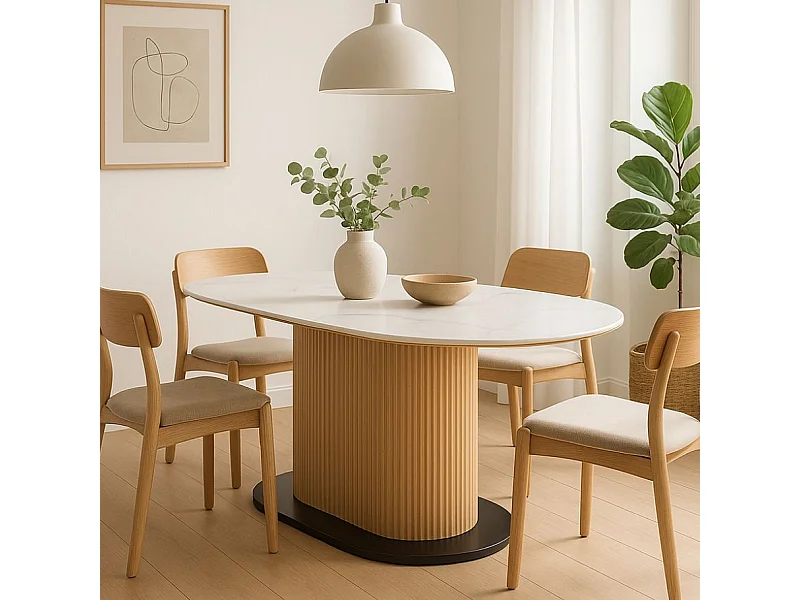 Table à manger ovale 180 cm blanc céramique style marbre et pied rainuré bois VINTAGE