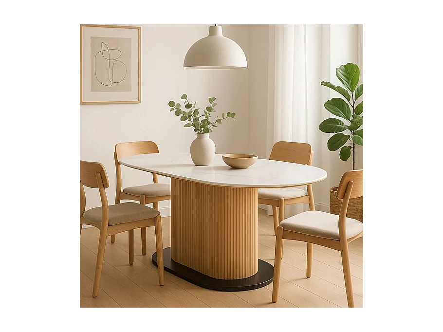 Table à manger ovale 180 cm blanc céramique style marbre et pied rainuré bois VINTAGE