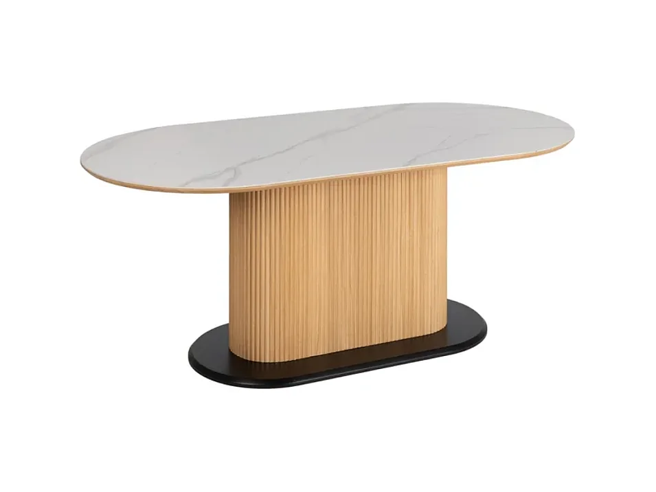 Table à manger ovale 180 cm blanc céramique style marbre et pied rainuré bois VINTAGE