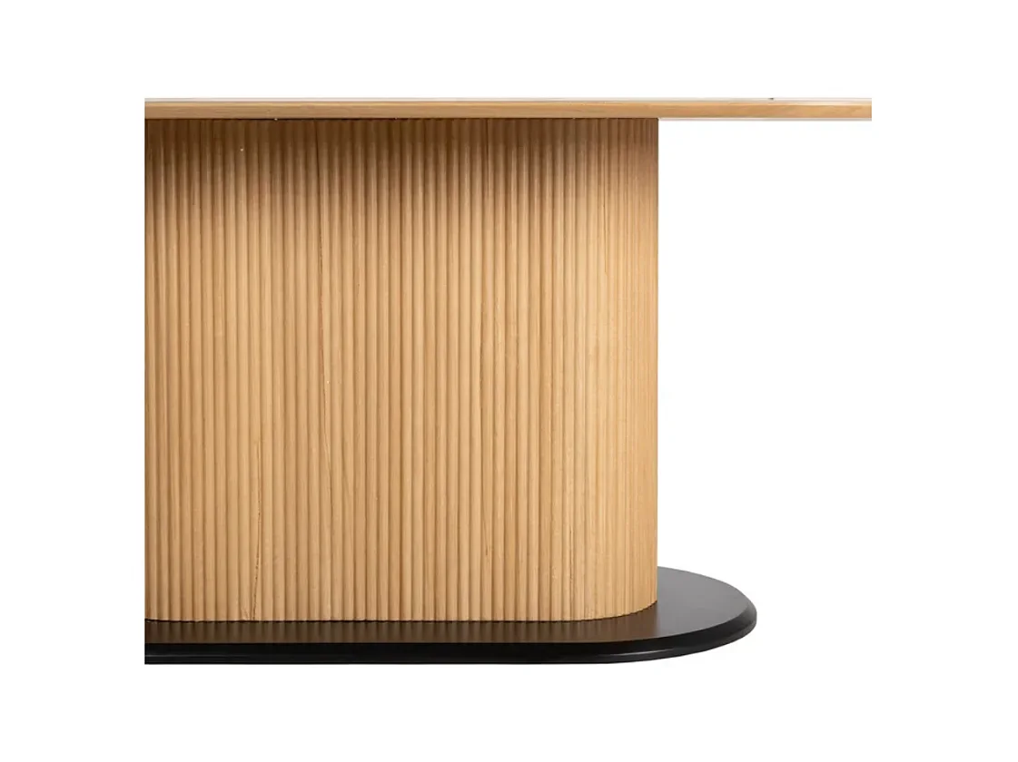 Table à manger ovale 180 cm blanc céramique style marbre et pied rainuré bois VINTAGE