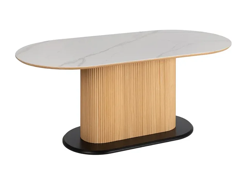 Table à manger ovale 180 cm blanc céramique style marbre et pied rainuré bois VINTAGE