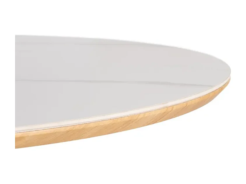 Table à manger ovale 180 cm blanc céramique style marbre et pied rainuré bois VINTAGE