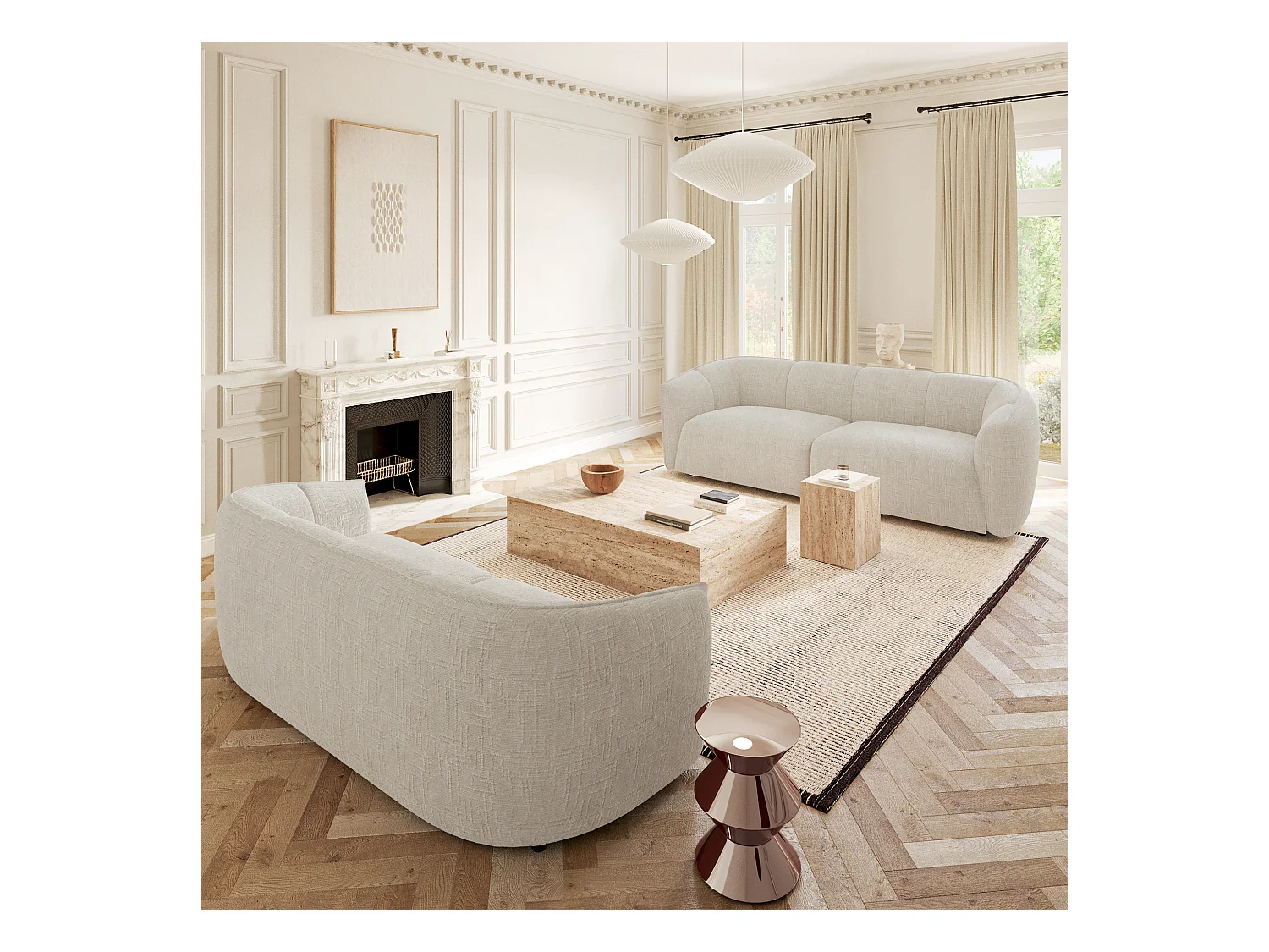 Canapé 4 places velours tramé crème NAMI