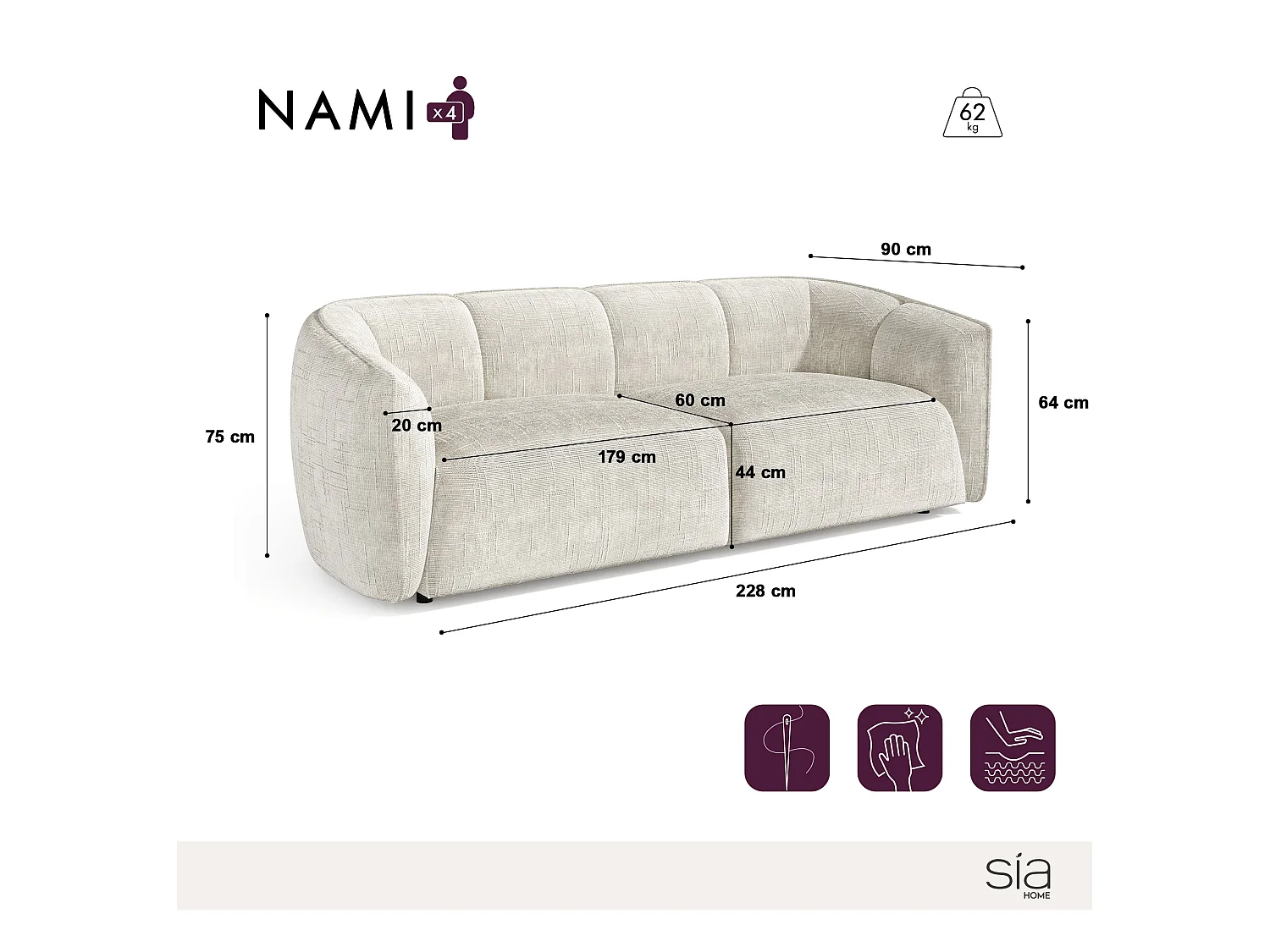 Canapé 4 places velours tramé crème NAMI