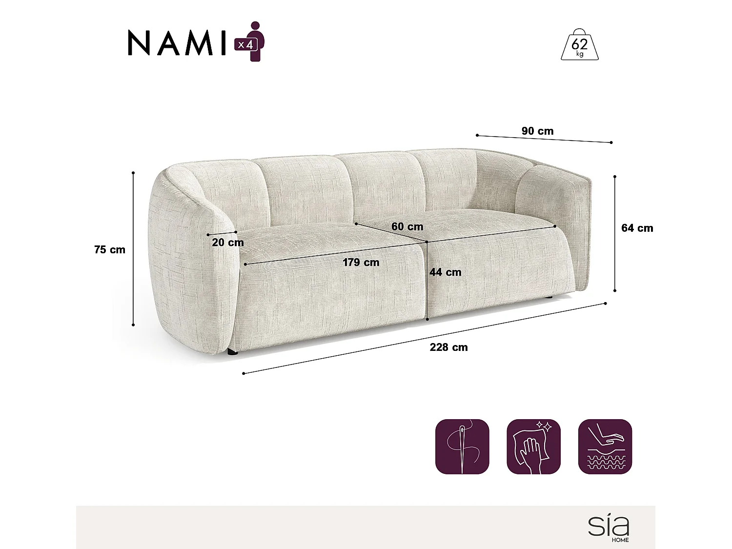 Canapé 4 places velours tramé crème NAMI