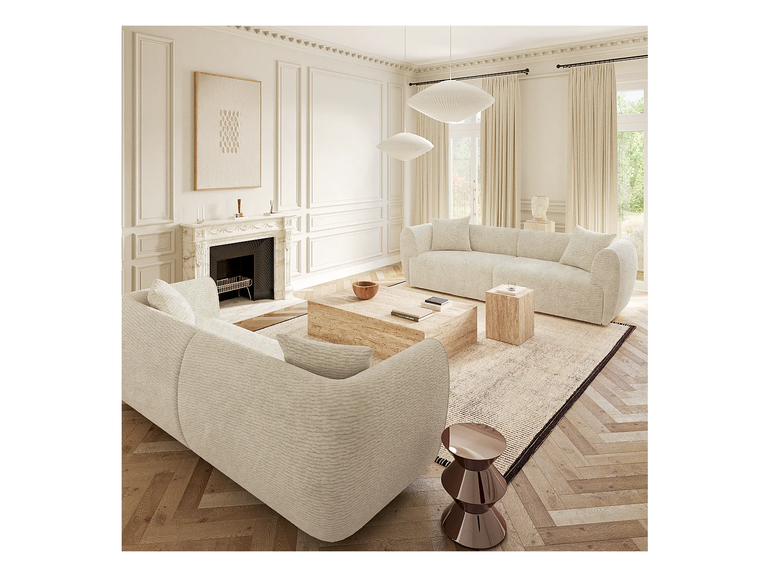 Canapé 4 places velours texturé crème CÔME