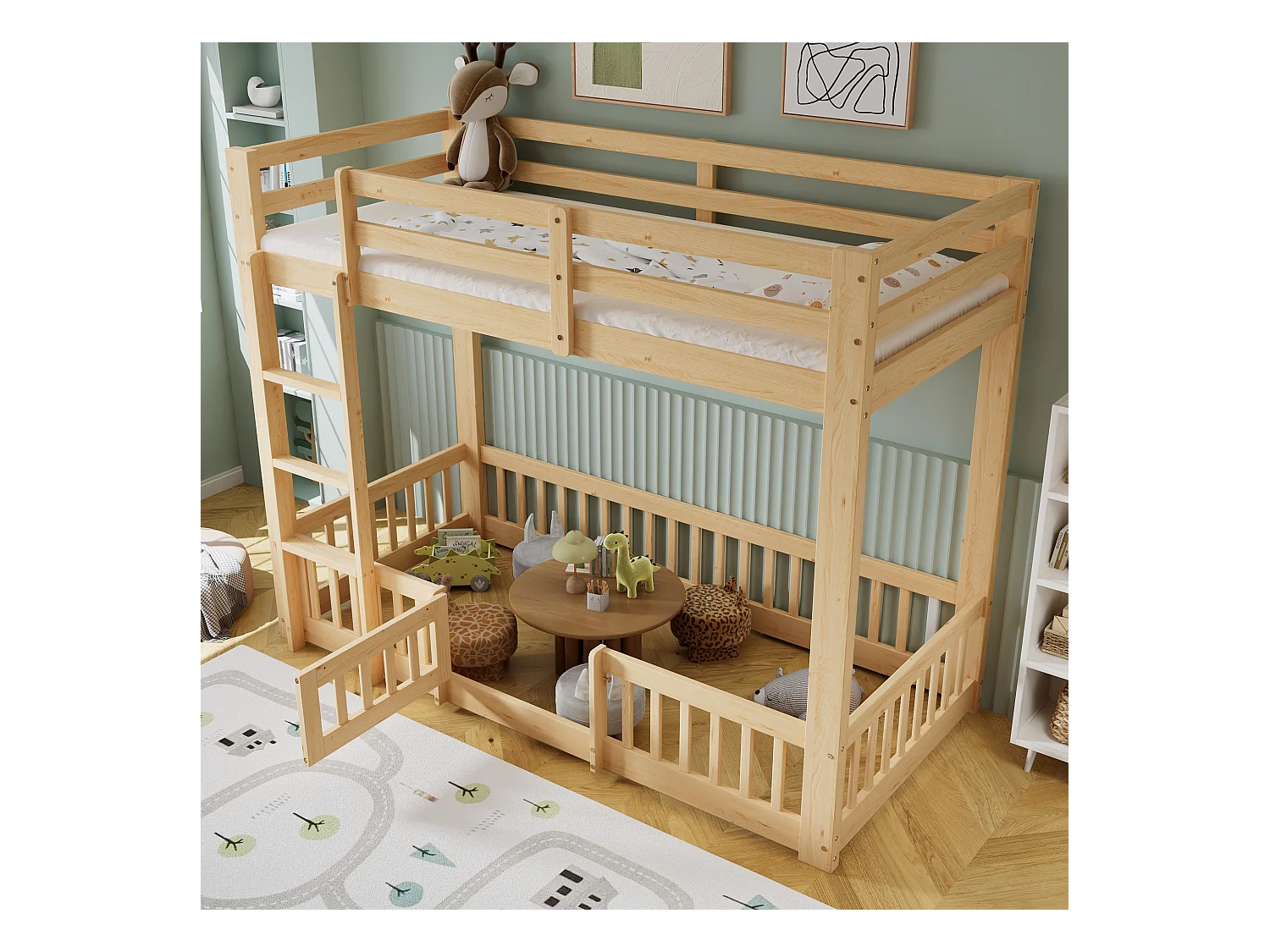 Lit superposé enfant naturel clair 90x200cm avec escalier d'angle droit, garde-corps, bois de pin + LVL (sans matelas)