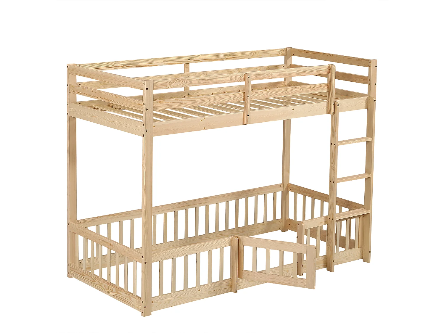 Litera infantil en color natural claro de 90x200cm con escalera en ángulo recto, barandilla, madera de pino + LVL (sin colchón)