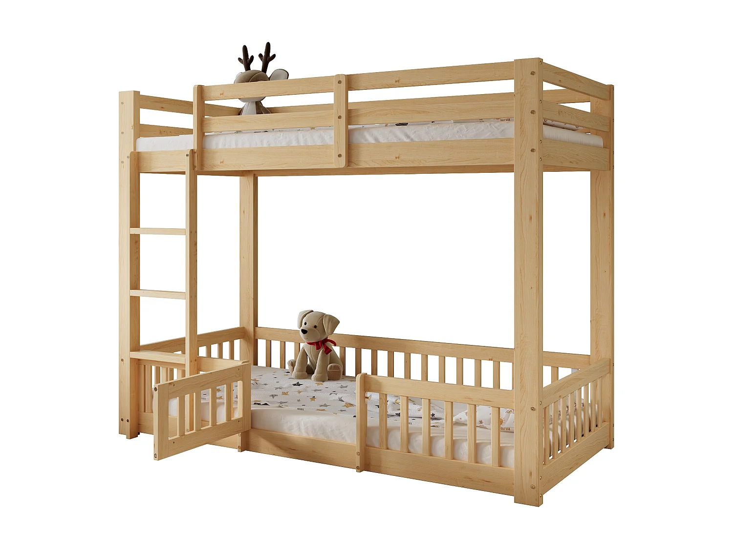 Litera infantil en color natural claro de 90x200cm con escalera en ángulo recto, barandilla, madera de pino + LVL (sin colchón)