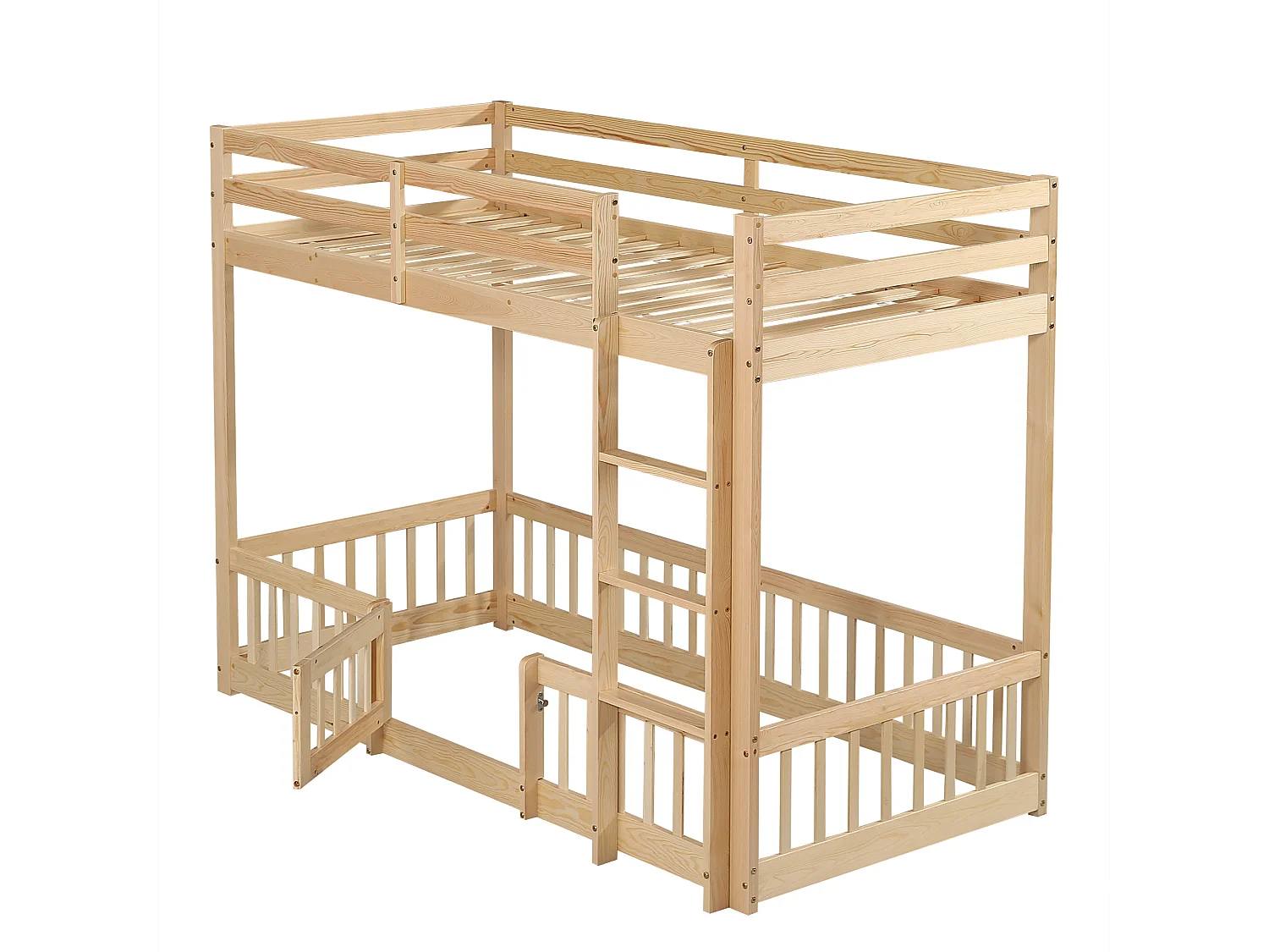 Litera infantil en color natural claro de 90x200cm con escalera en ángulo recto, barandilla, madera de pino + LVL (sin colchón)