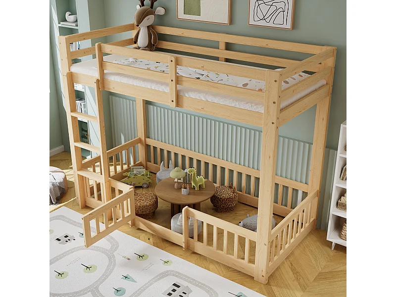 Litera infantil en color natural claro de 90x200cm con escalera en ángulo recto, barandilla, madera de pino + LVL (sin colchón)