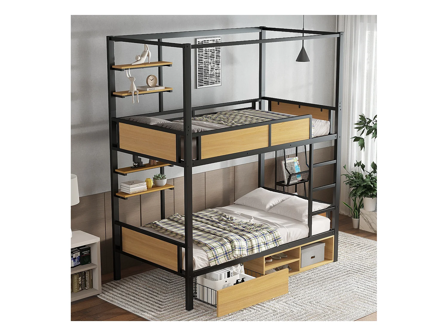Lit superposé 90x200cm avec étagère de rangement, 1 tiroir et rangements, fer + MDF, noir + naturel (sans matelas)
