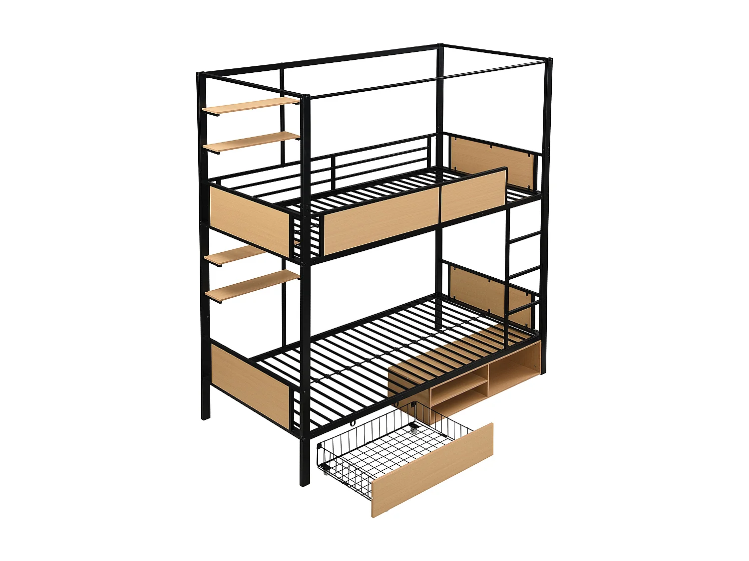 Lit superposé 90x200cm avec étagère de rangement, 1 tiroir et rangements, fer + MDF, noir + naturel (sans matelas)