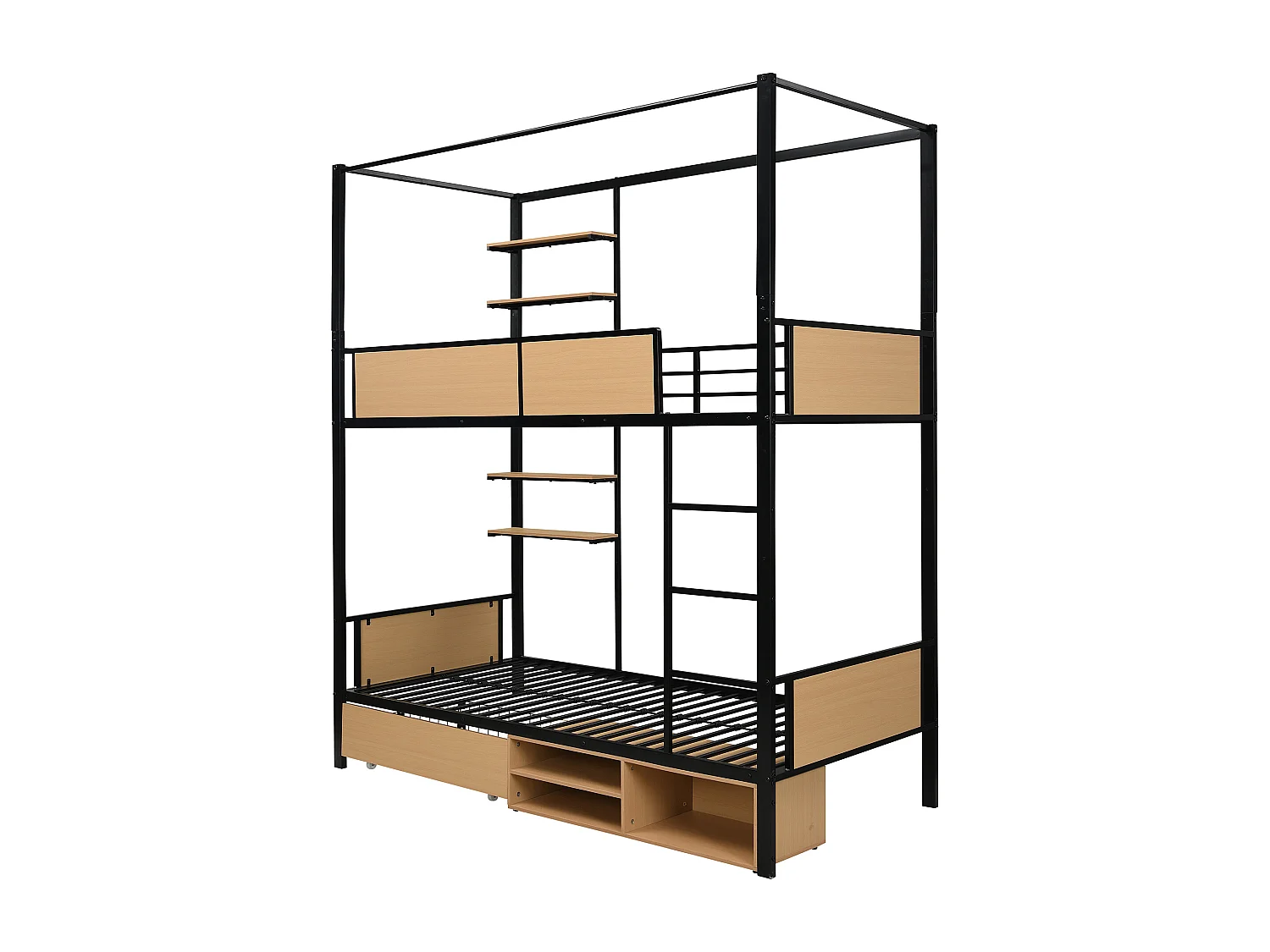 Lit superposé 90x200cm avec étagère de rangement, 1 tiroir et rangements, fer + MDF, noir + naturel (sans matelas)