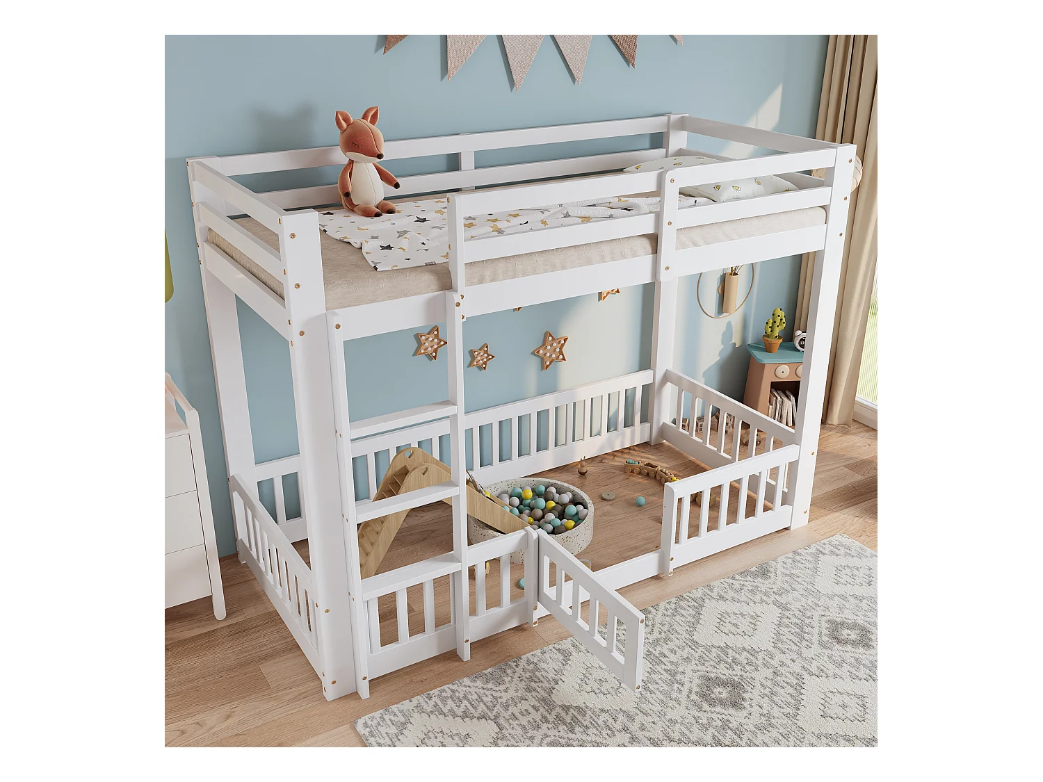 Lit superposé enfant blanc 90x200cm avec escalier d'angle droit, garde-corps, bois de pin + LVL (sans matelas)
