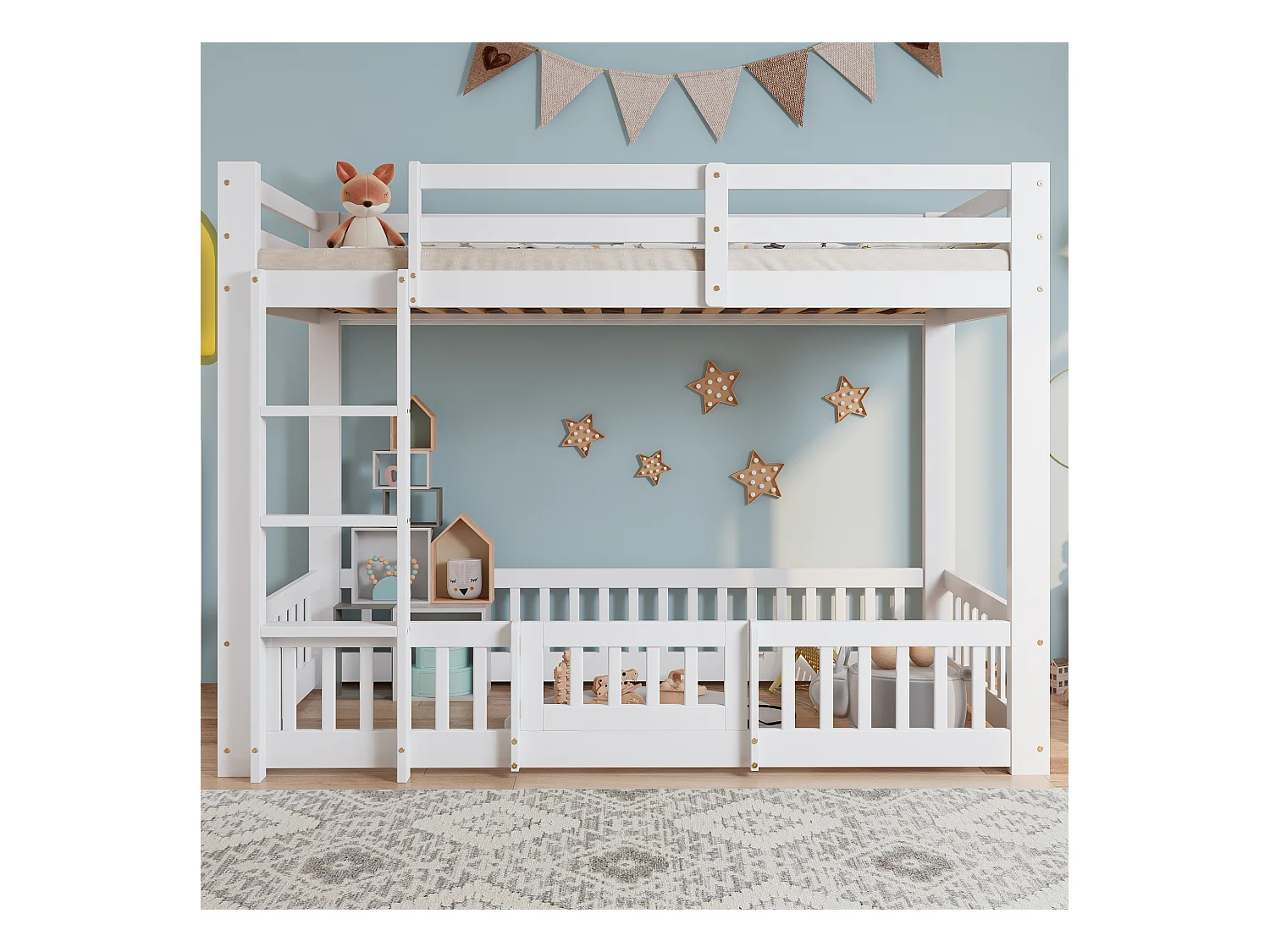 Lit superposé enfant blanc 90x200cm avec escalier d'angle droit, garde-corps, bois de pin + LVL (sans matelas)