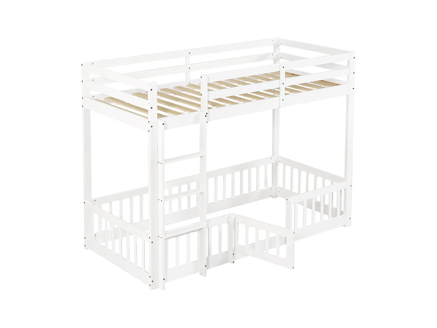 Lit superposé enfant blanc 90x200cm avec escalier d'angle droit, garde-corps, bois de pin + LVL (sans matelas)