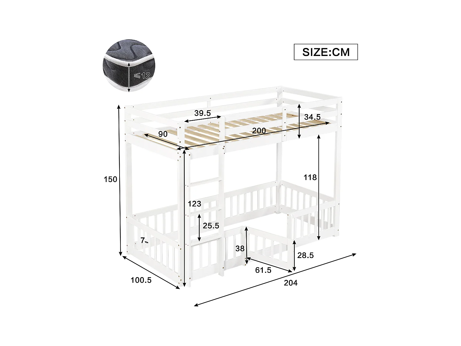Lit superposé enfant blanc 90x200cm avec escalier d'angle droit, garde-corps, bois de pin + LVL (sans matelas)