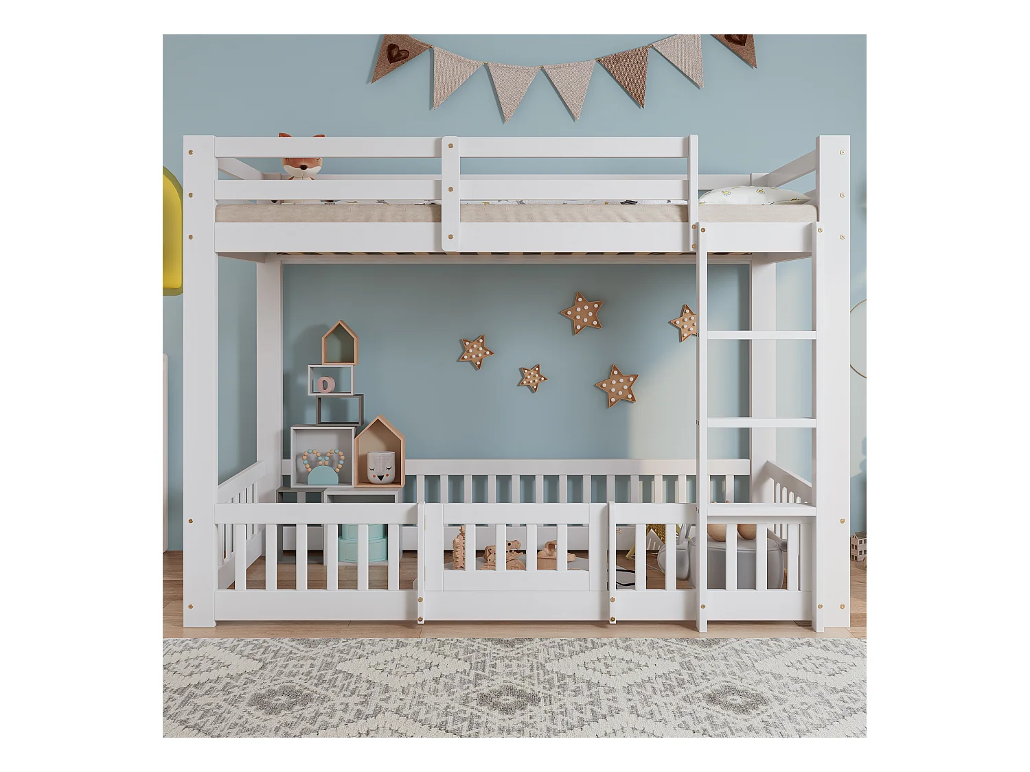 Lit superposé enfant blanc 90x200cm avec escalier d'angle droit, garde-corps, bois de pin + LVL (sans matelas)