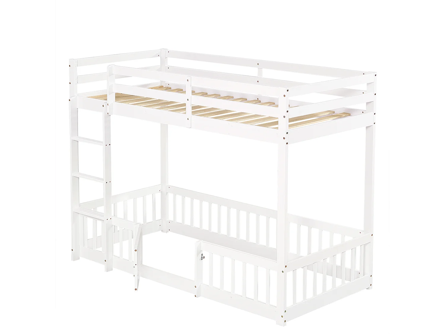 Lit superposé enfant blanc 90x200cm avec escalier d'angle droit, garde-corps, bois de pin + LVL (sans matelas)