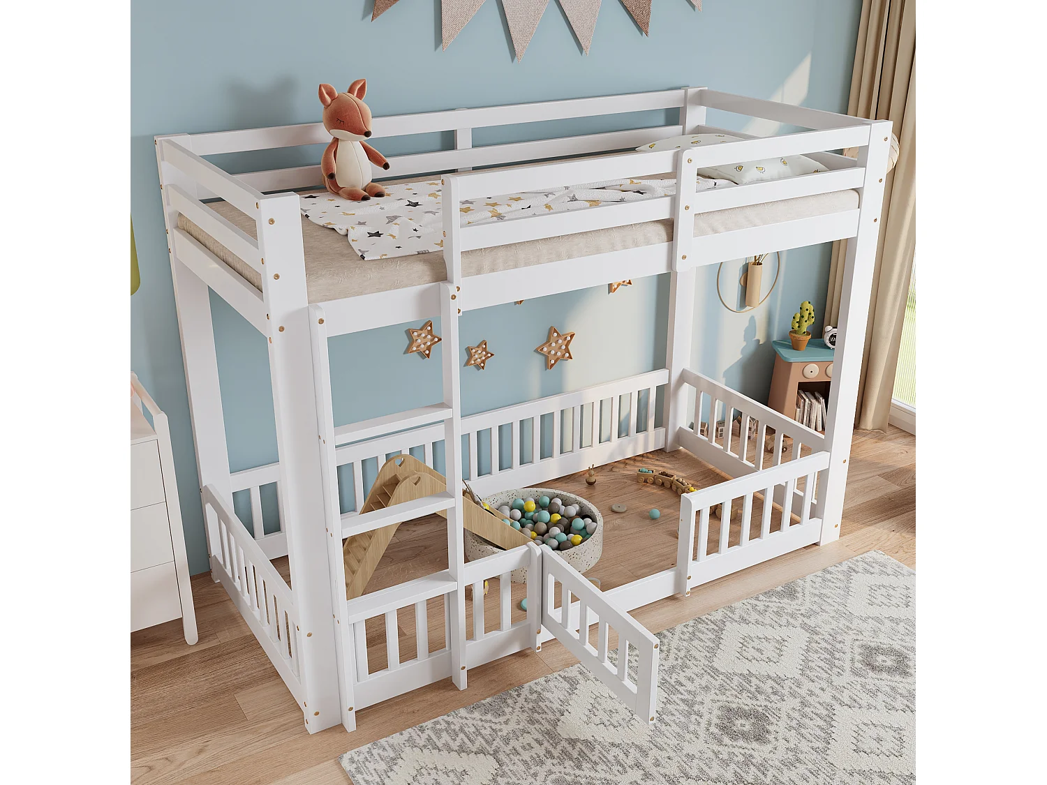 Litera infantil blanca de 90x200cm con escalera en ángulo recto, barandilla, madera de pino + LVL (sin colchón)