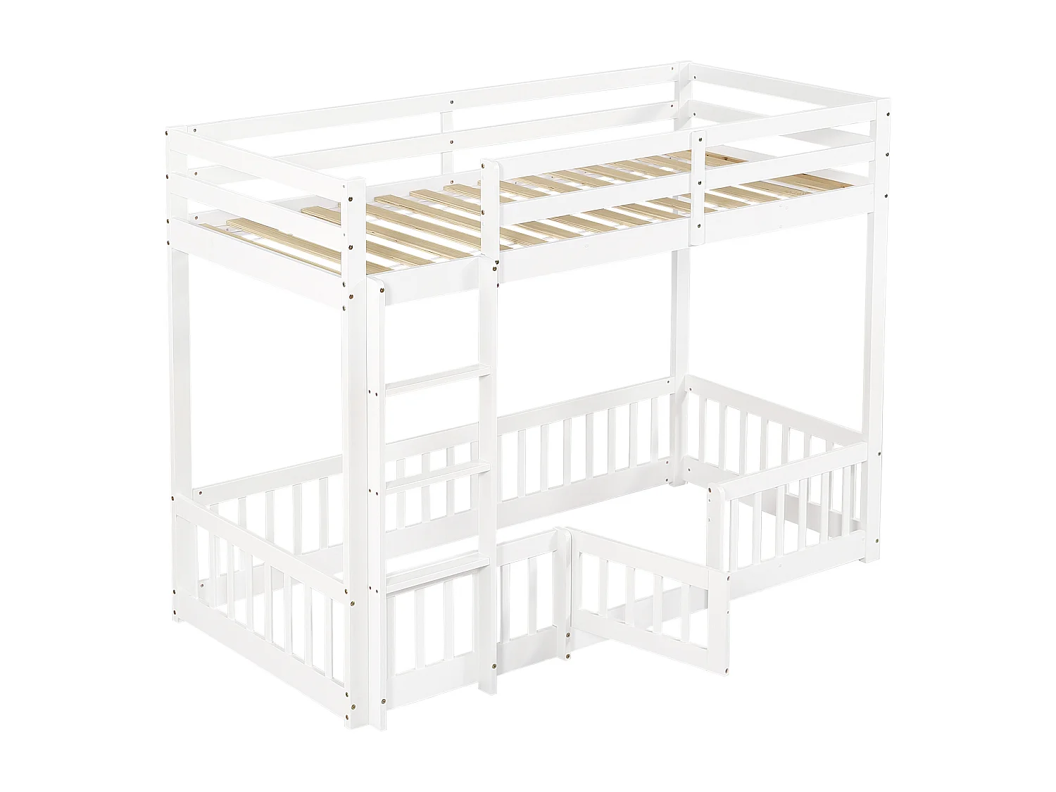 Litera infantil blanca de 90x200cm con escalera en ángulo recto, barandilla, madera de pino + LVL (sin colchón)