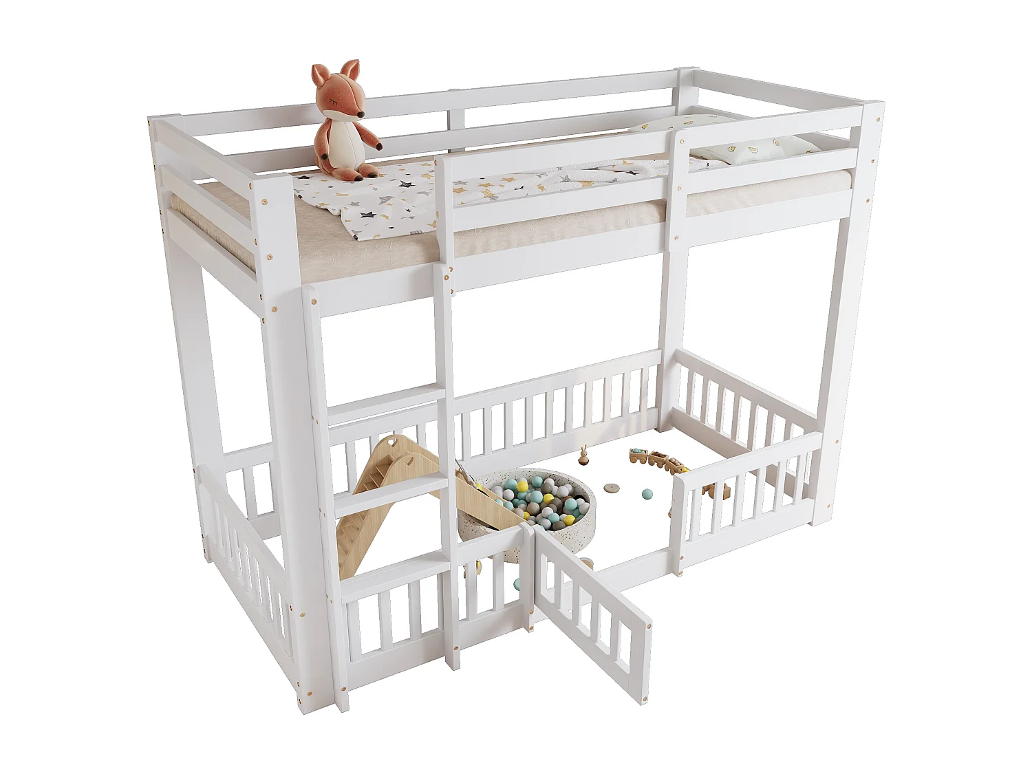 Litera infantil blanca de 90x200cm con escalera en ángulo recto, barandilla, madera de pino + LVL (sin colchón)