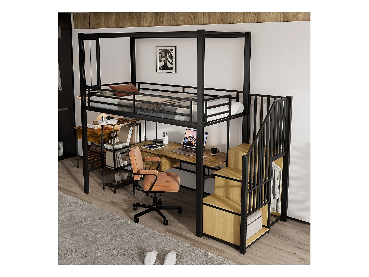 Letto singolo a soppalco 90x200cm con armadio, finestra e scaletta portaoggetti, ferro + MDF, nero + naturale (senza materasso)