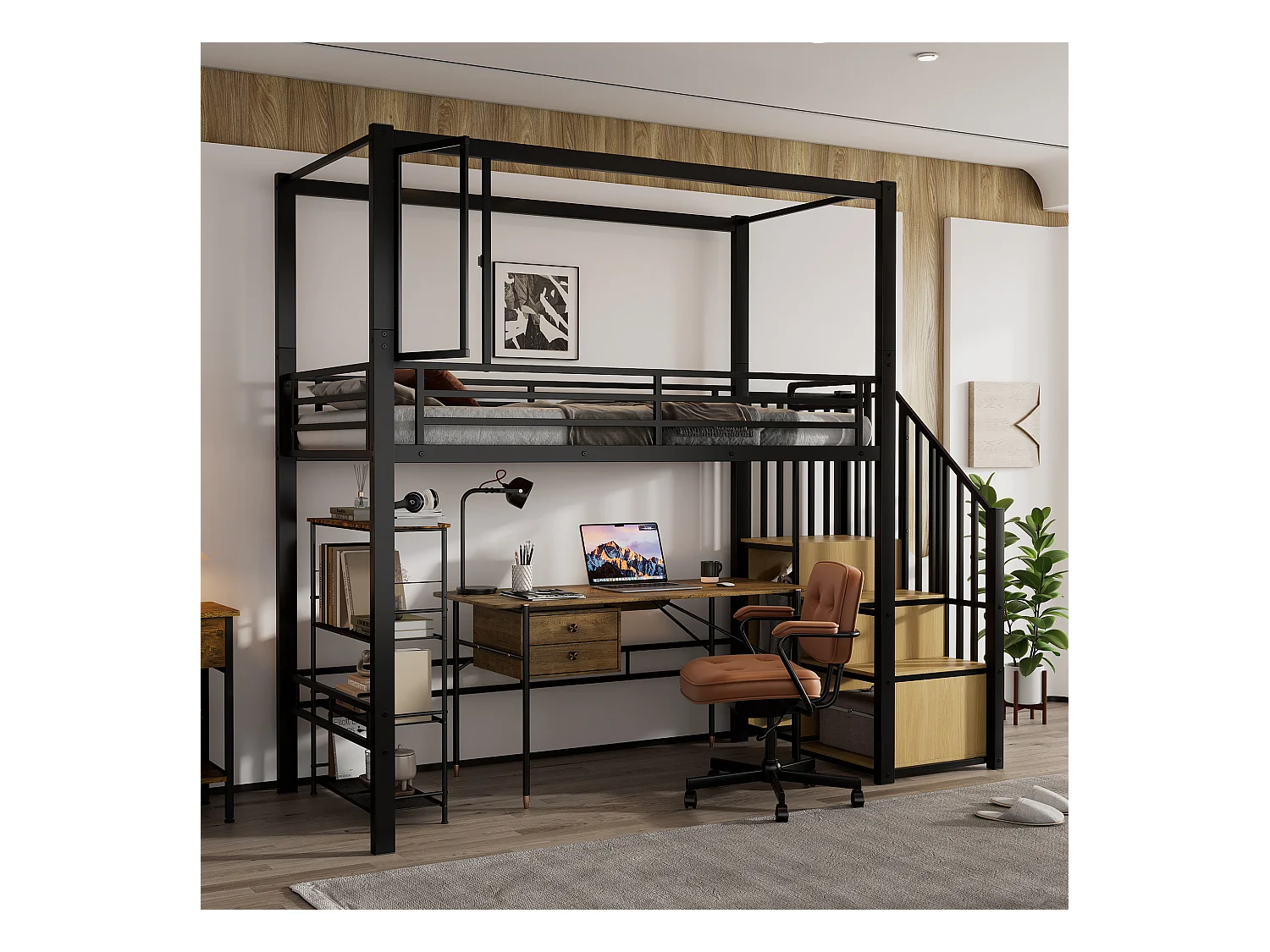 Letto singolo a soppalco 90x200cm con armadio, finestra e scaletta portaoggetti, ferro + MDF, nero + naturale (senza materasso)