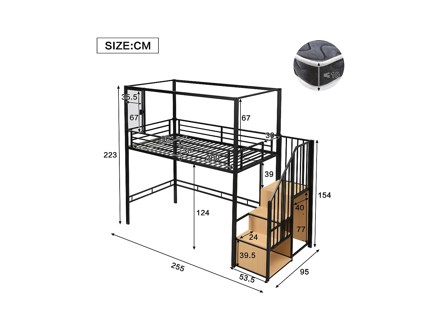 Letto singolo a soppalco 90x200cm con armadio, finestra e scaletta portaoggetti, ferro + MDF, nero + naturale (senza materasso)