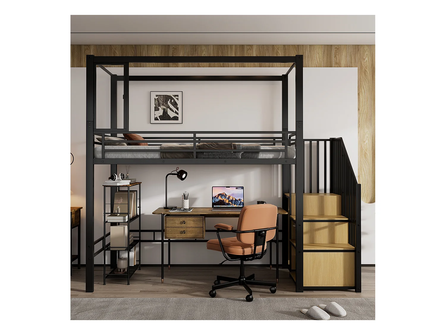 Letto singolo a soppalco 90x200cm con armadio, finestra e scaletta portaoggetti, ferro + MDF, nero + naturale (senza materasso)