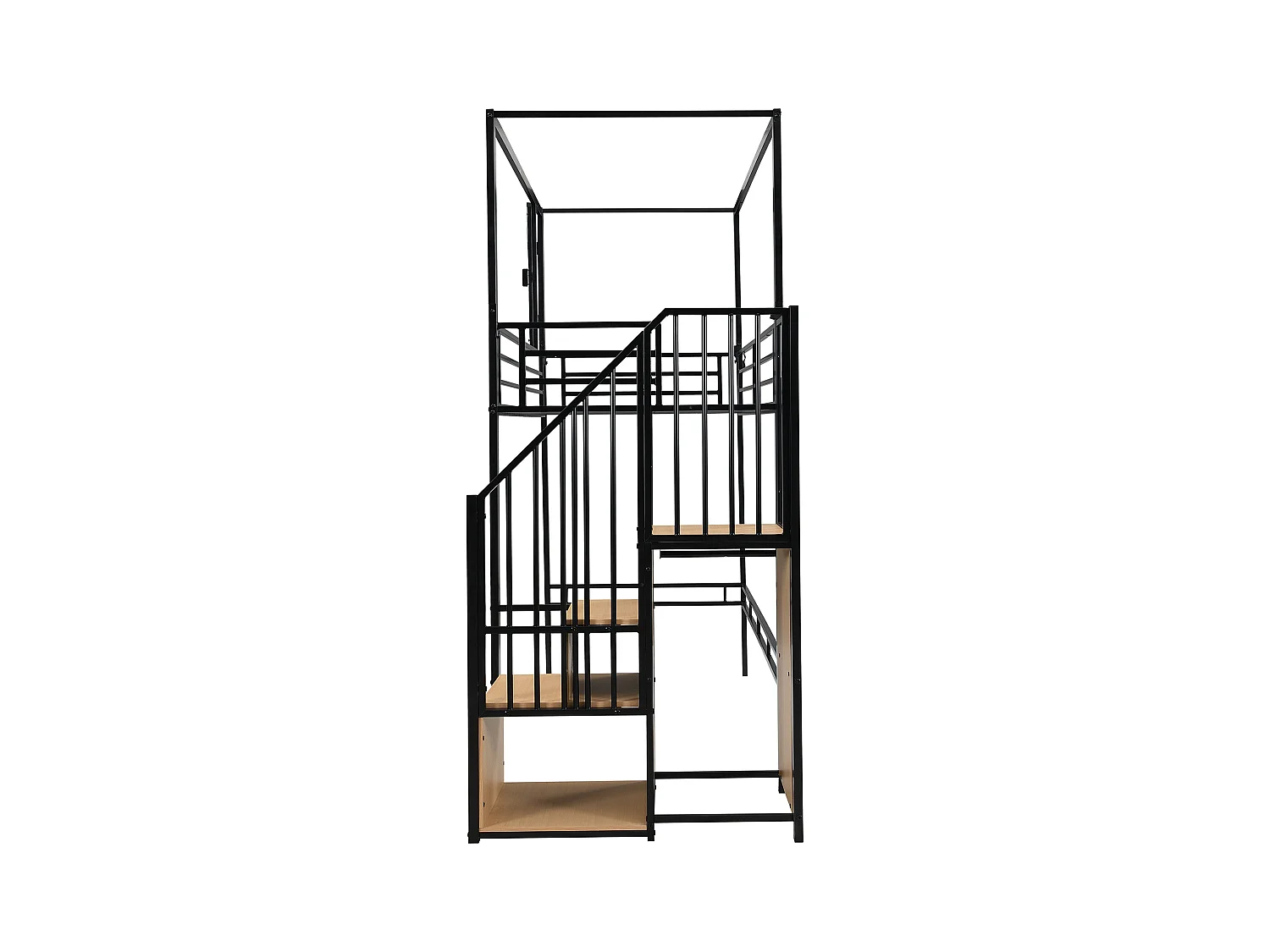Letto singolo a soppalco 90x200cm con armadio, finestra e scaletta portaoggetti, ferro + MDF, nero + naturale (senza materasso)